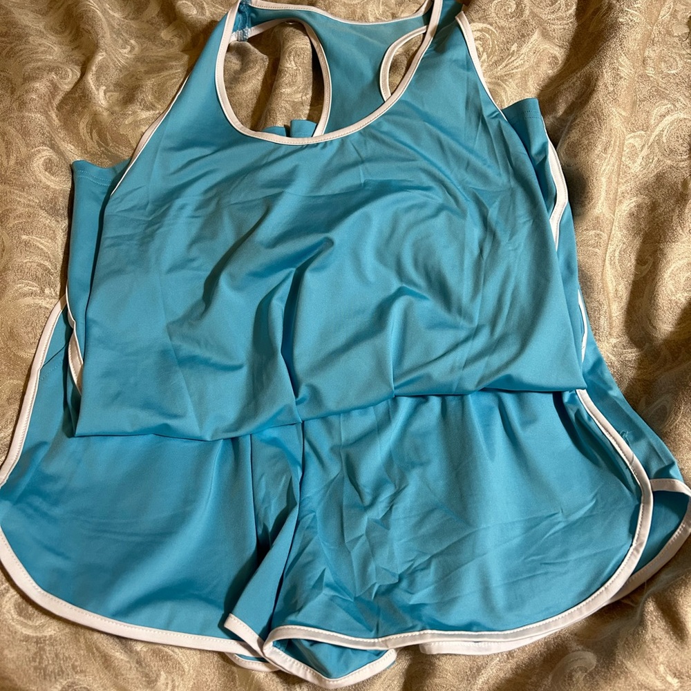 BRAND NEW size L Sky blue racer back tank and shorts with pockets set